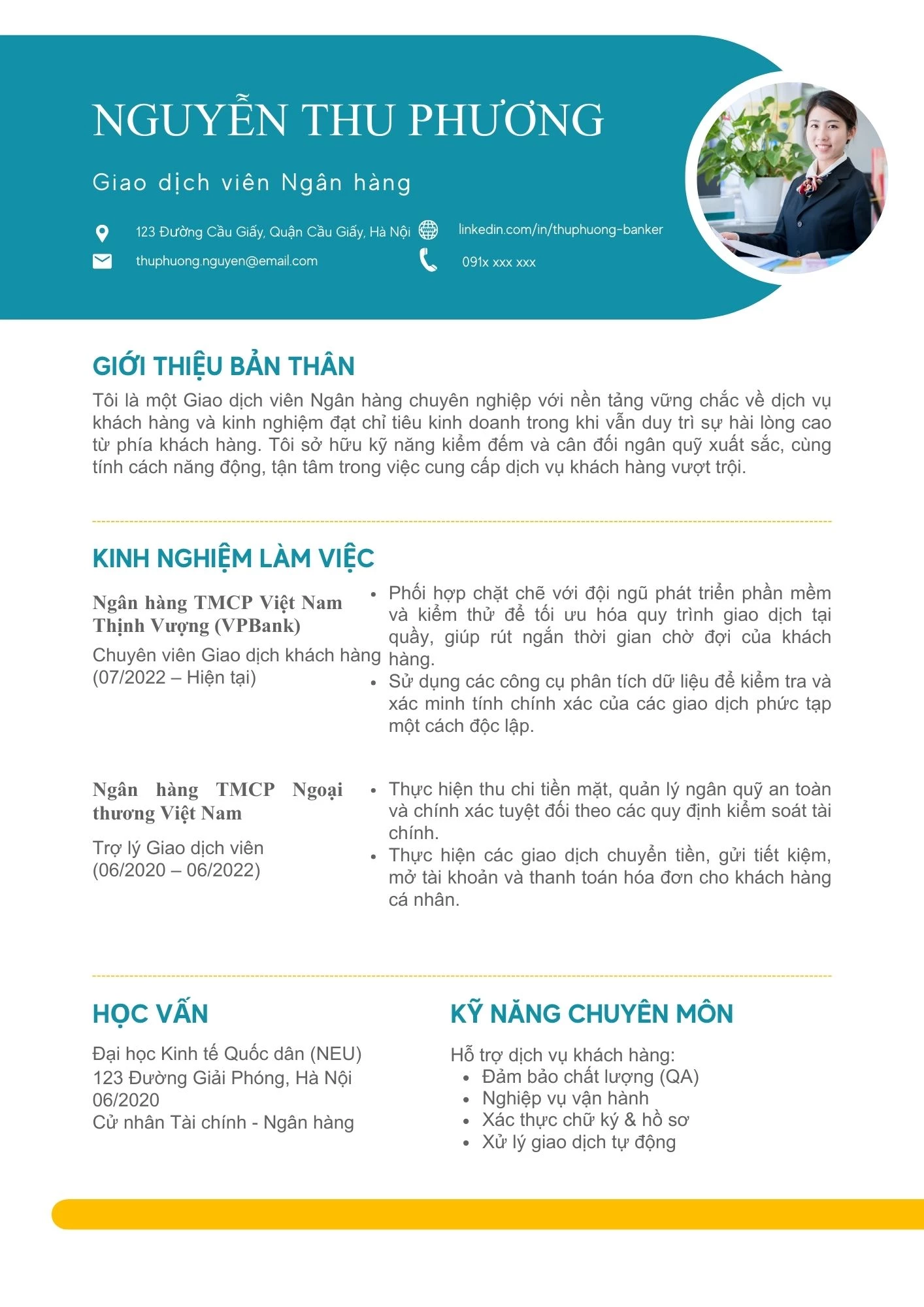 Mẫu CV giao dịch viên ngân hàng
