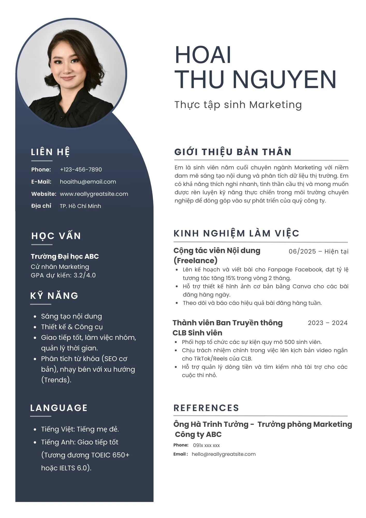 Mẫu CV Thực tập sinh Marketing tiếng Việt