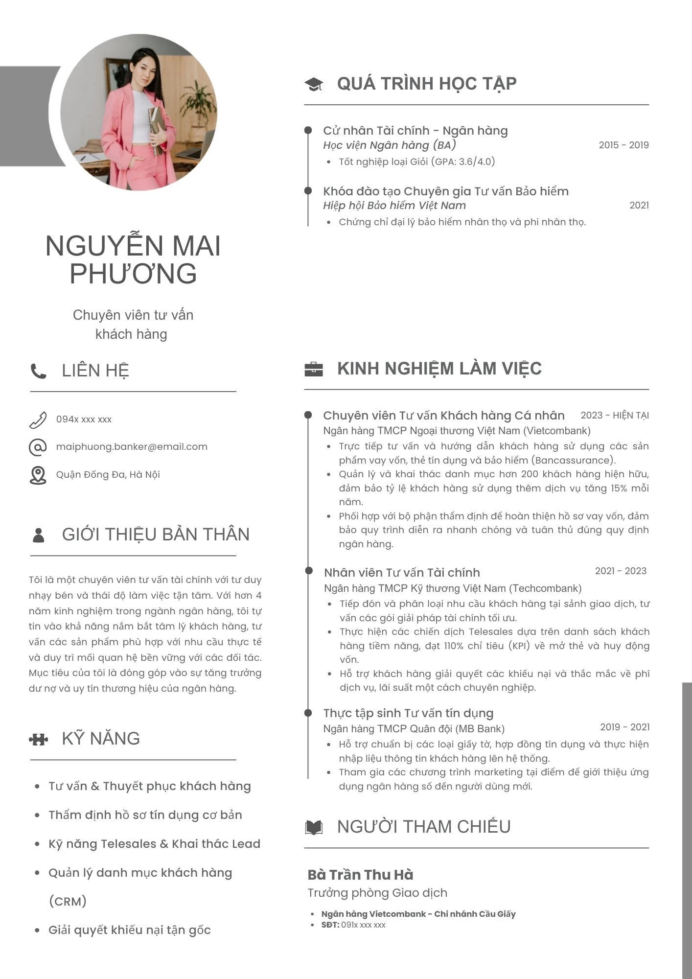 Mẫu CV tư vấn khách hàng ngân hàng