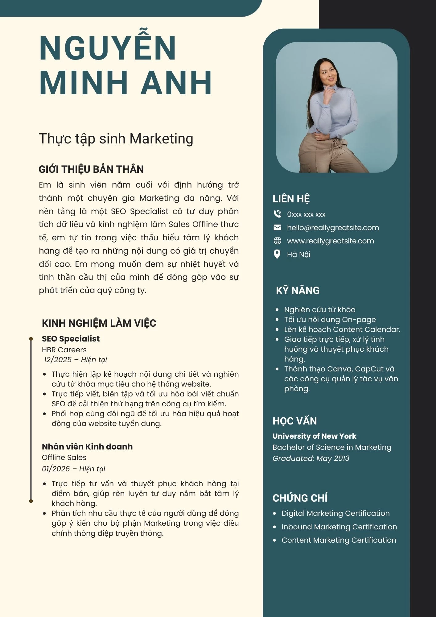 Mẫu CV Thực tập sinh Marketing tiếng Việt