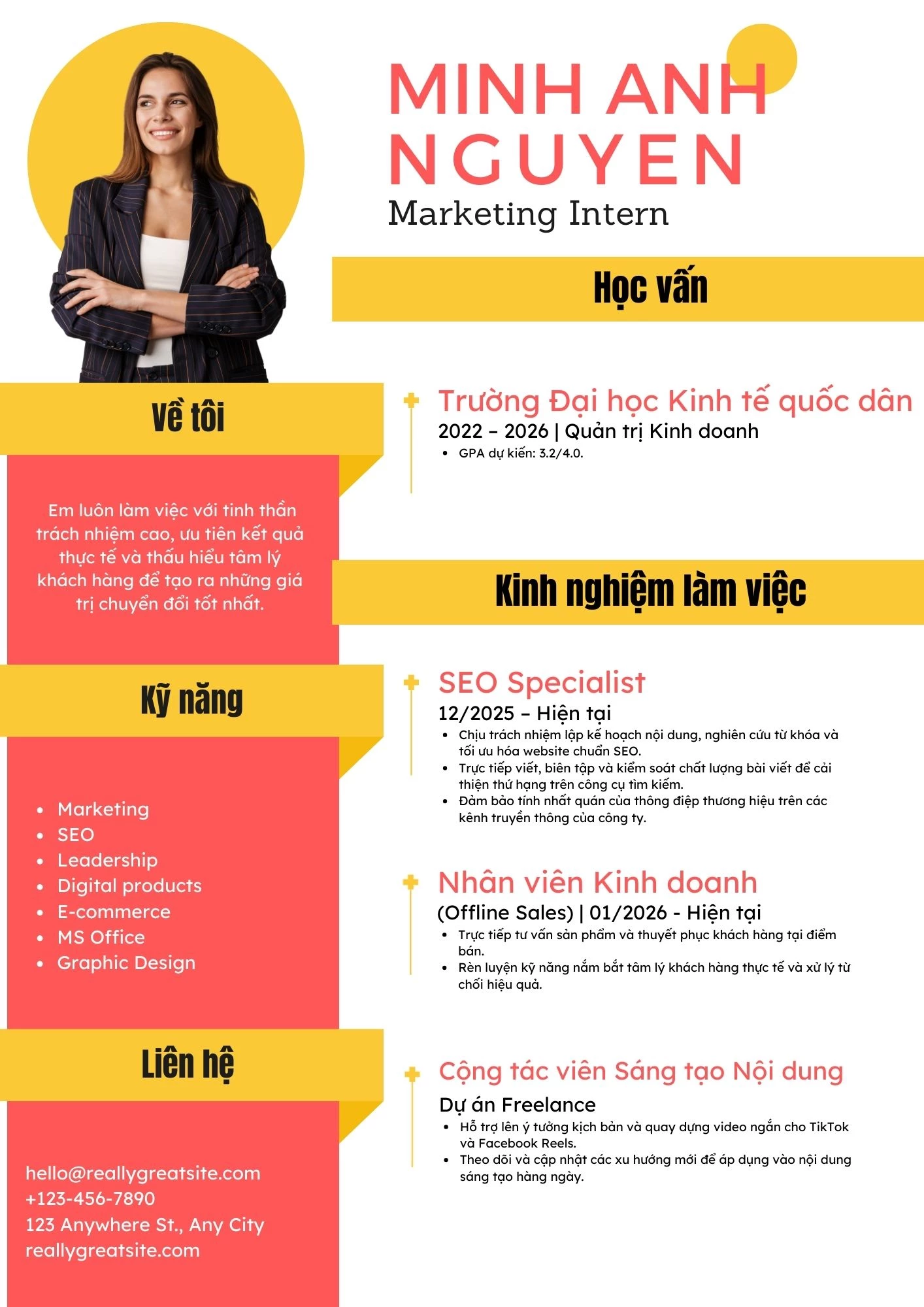 Mẫu CV Thực tập sinh Marketing tiếng Việt