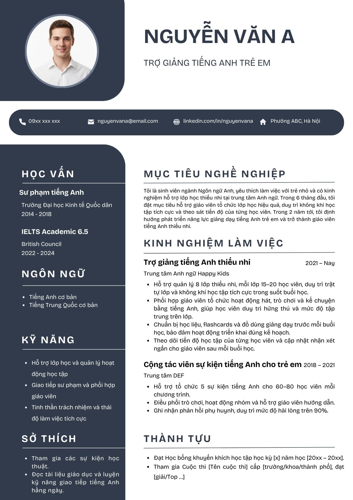 CV trợ giảng tiếng Anh chuyên cho lớp thiếu nhi