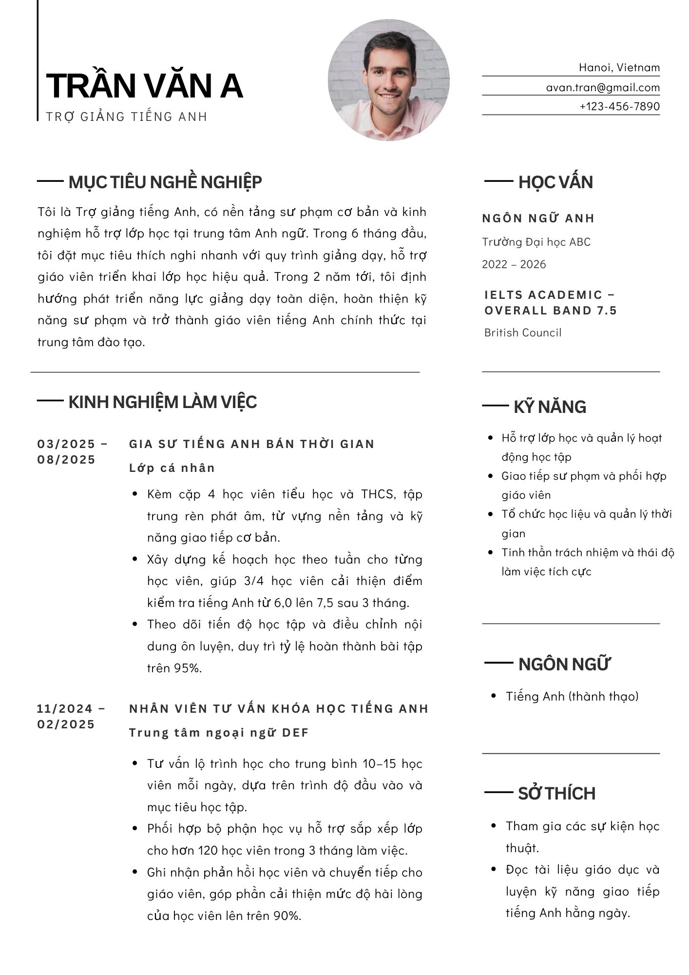 Mẫu CV trợ giảng tiếng Anh bản cơ bản cho người mới bắt đầu