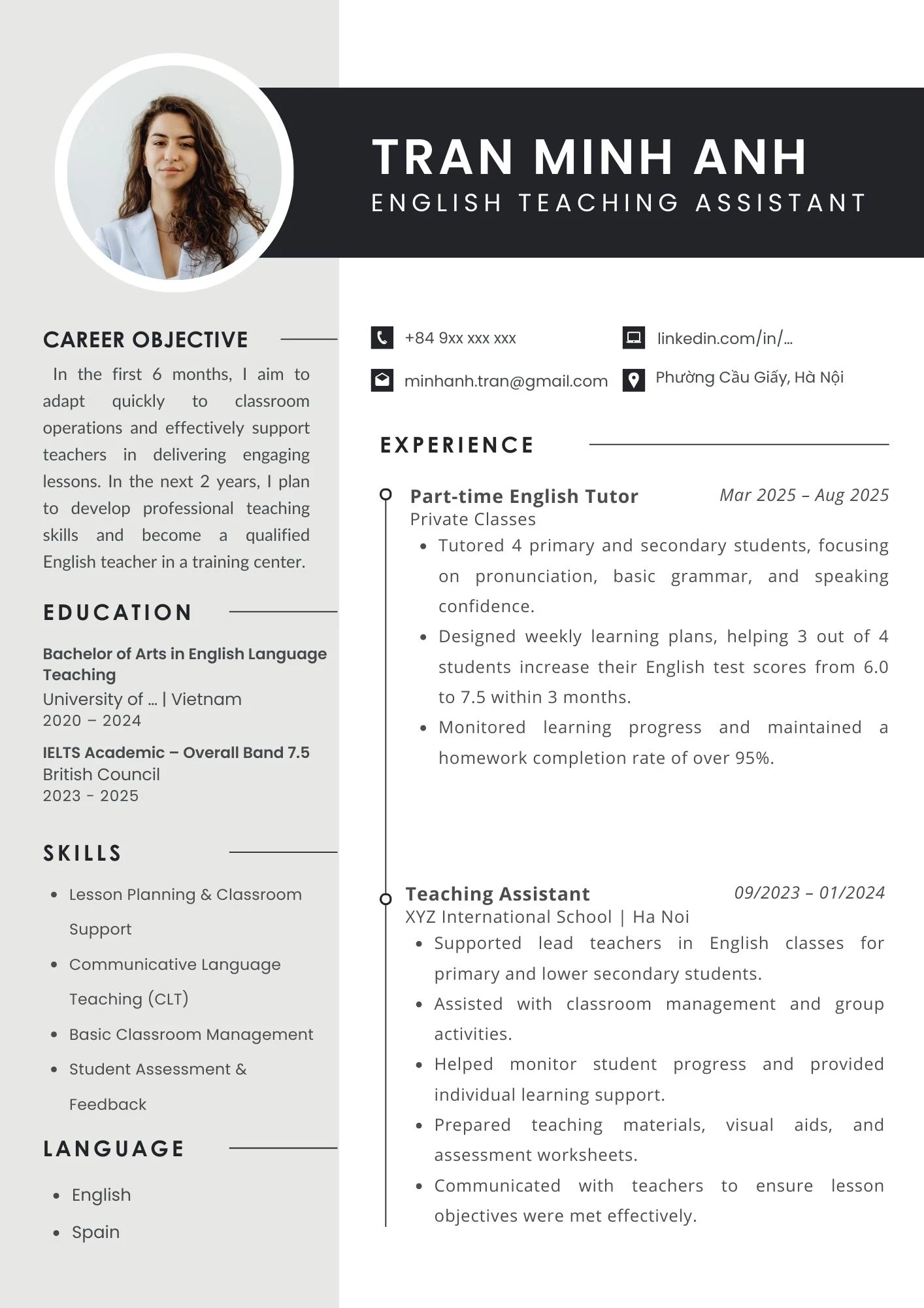 Mẫu CV trợ giảng tiếng Anh bằng tiếng Anh