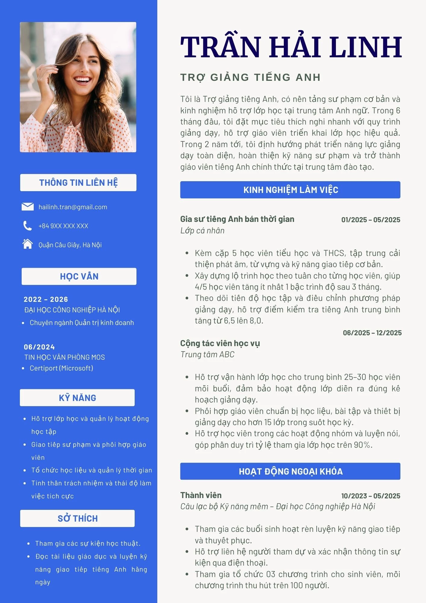 Mẫu CV trợ giảng tiếng Anh cho sinh viên chưa có kinh nghiệm