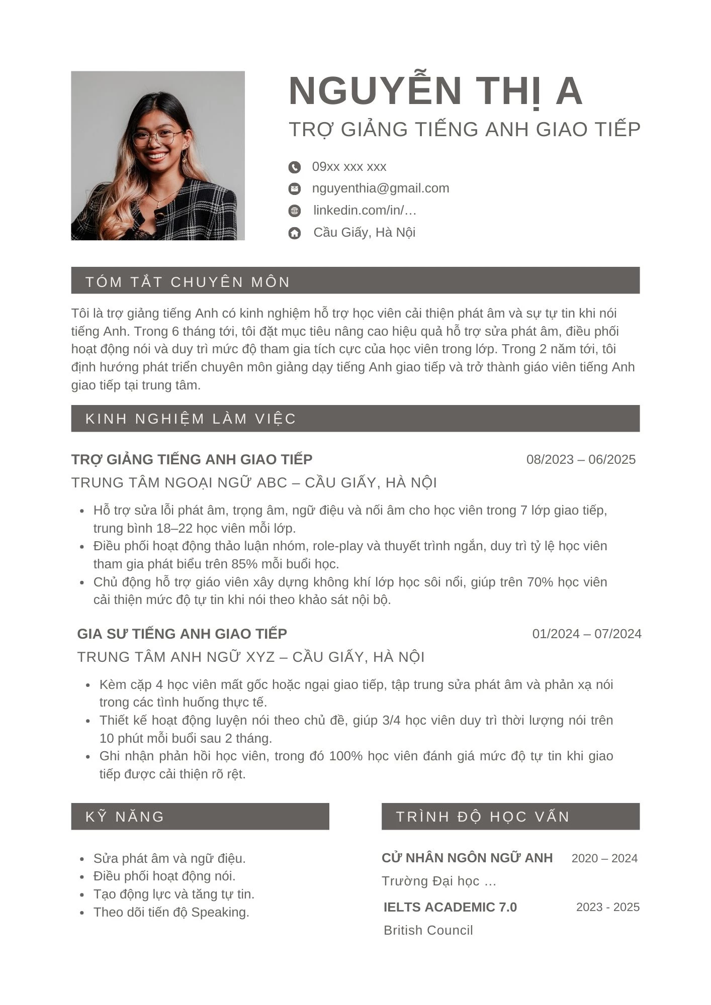 Mẫu CV trợ giảng tiếng Anh dành cho trung tâm luyện giao tiếp