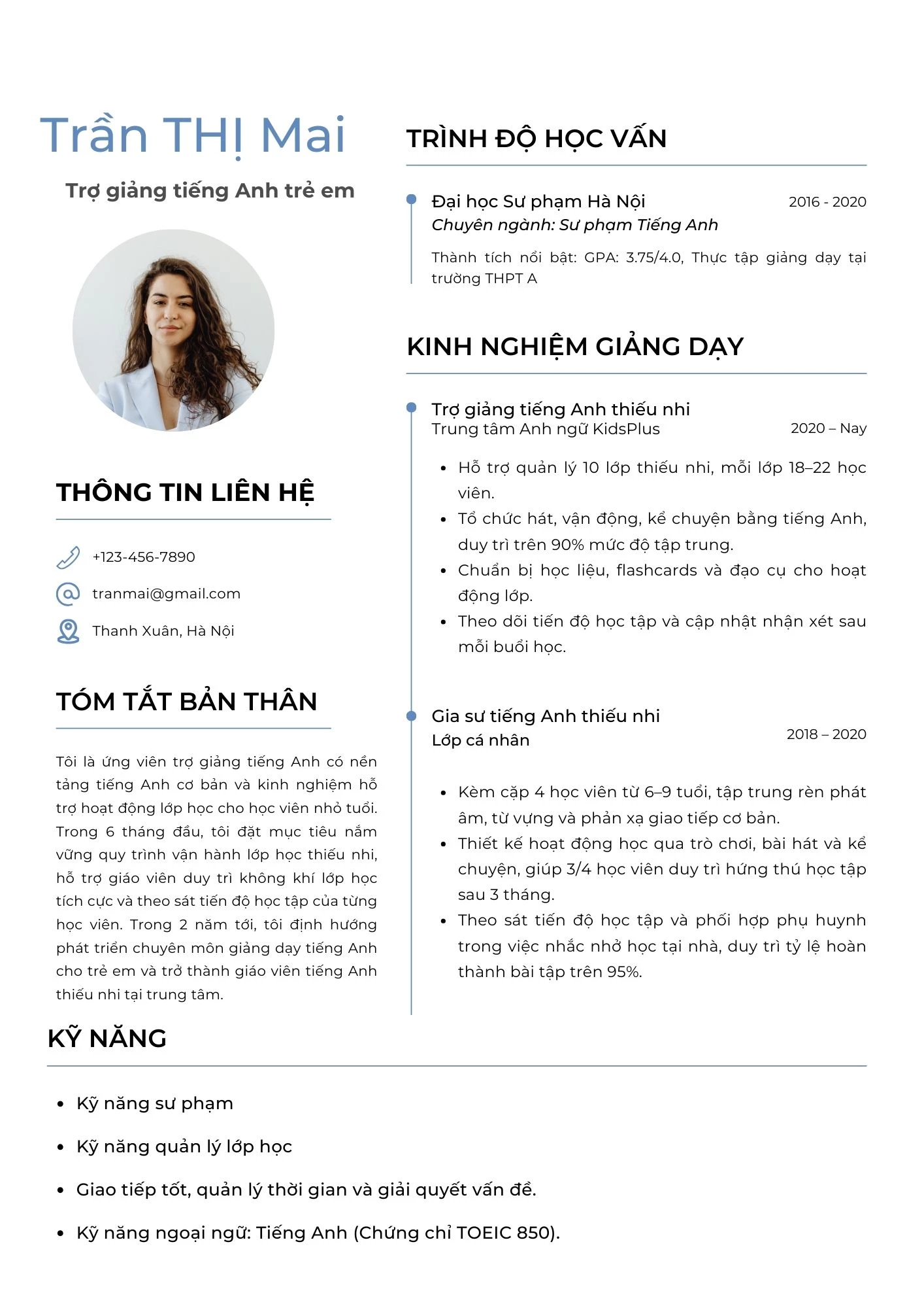 Mẫu CV trợ giảng tiếng Anh dành cho trung tâm tiếng Anh trẻ em
