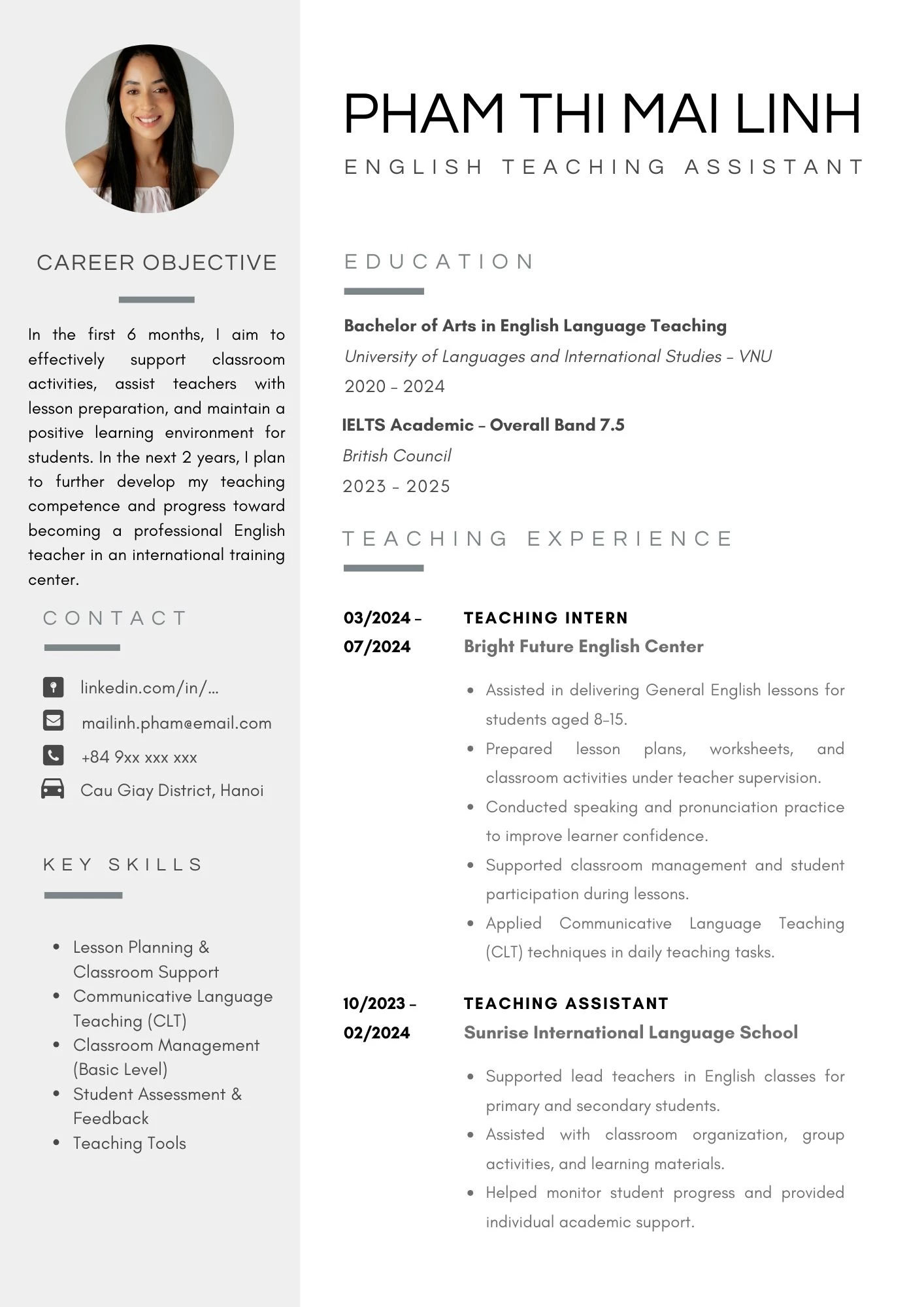 Mẫu CV trợ giảng tiếng Anh phiên bản tiếng Anh