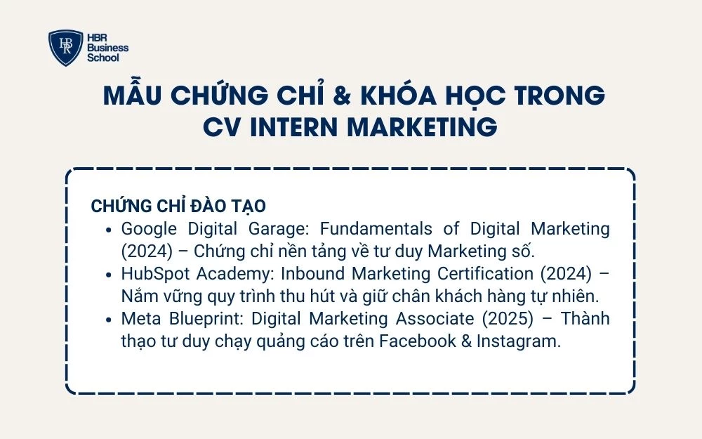 Mẫu chứng chỉ & khóa học trong CV Intern Marketing