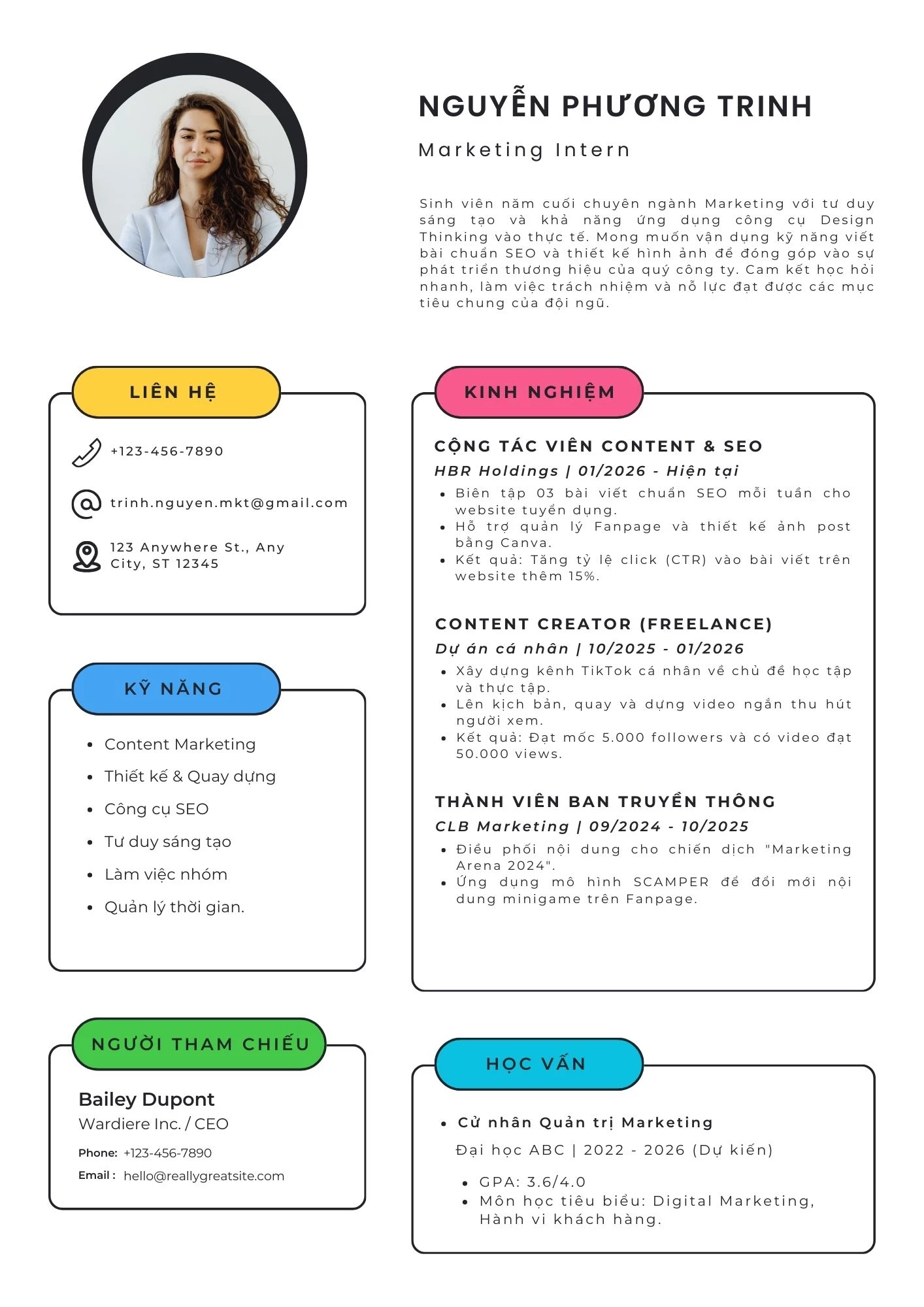 Mẫu CV intern marketing tiếng Việt