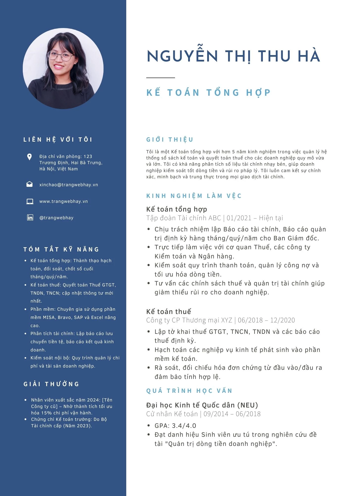 Mẫu CV kế toán tổng hợp có kinh nghiệm