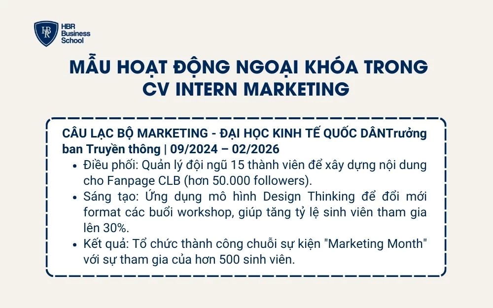 Mẫu hoạt động ngoại khóa  trong CV Intern Marketing
