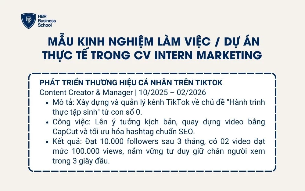Mẫu kinh nghiệm làm việc / dự án thực tế trong CV Intern Marketing