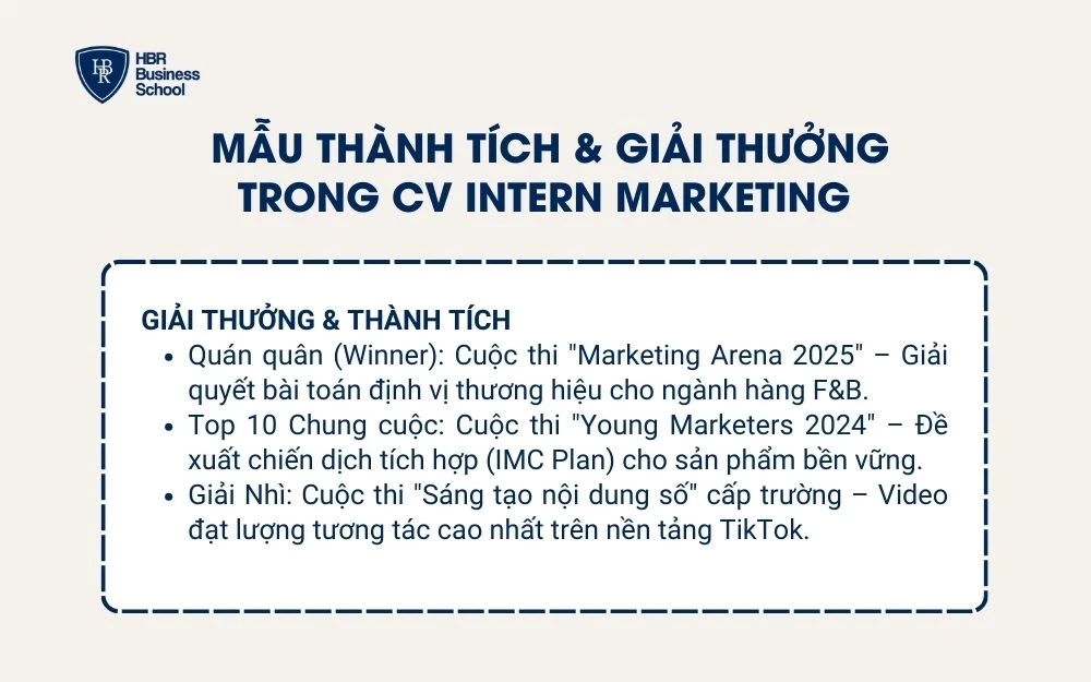 Mẫu thành tích & giải thưởng trong CV Intern Marketing