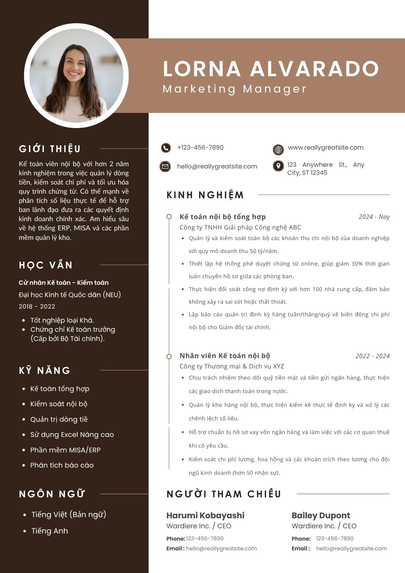 Mẫu CV kế toán nội bộ cho ứng viên bằng tiếng Anh