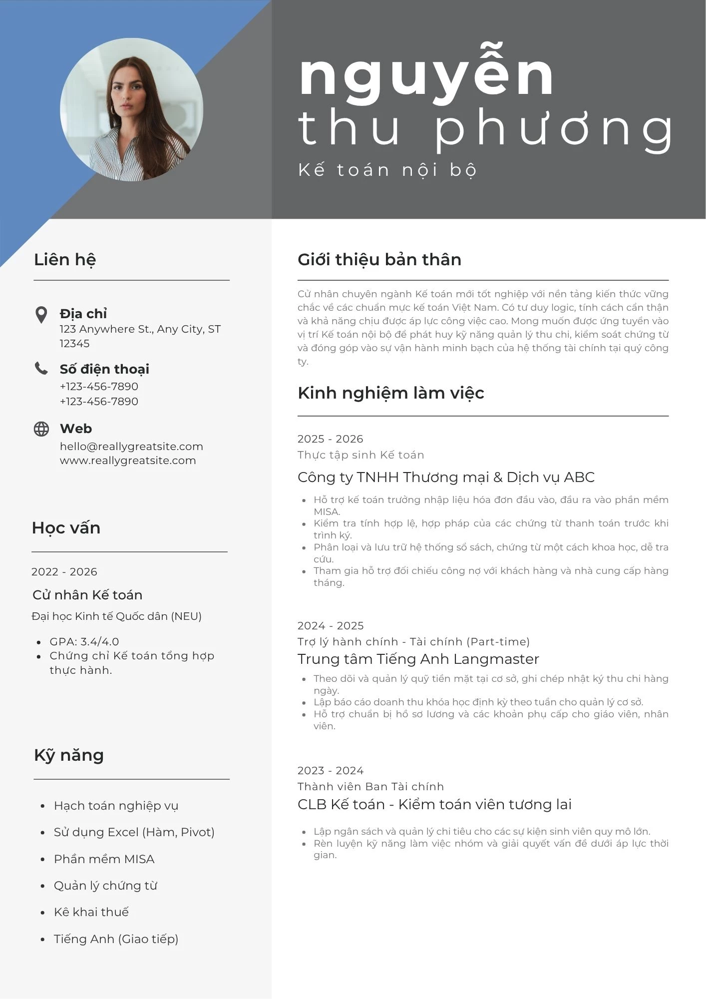 Mẫu CV kế toán nội bộ cho người có 1 đến 3 năm kinh nghiệm