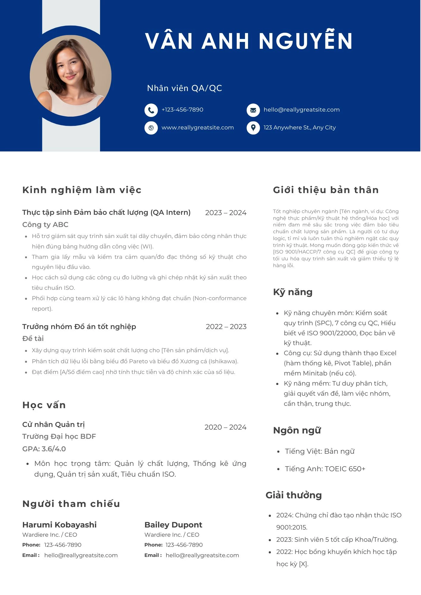 Mẫu CV nhân viên QC/QA mới đi làm (fresher)