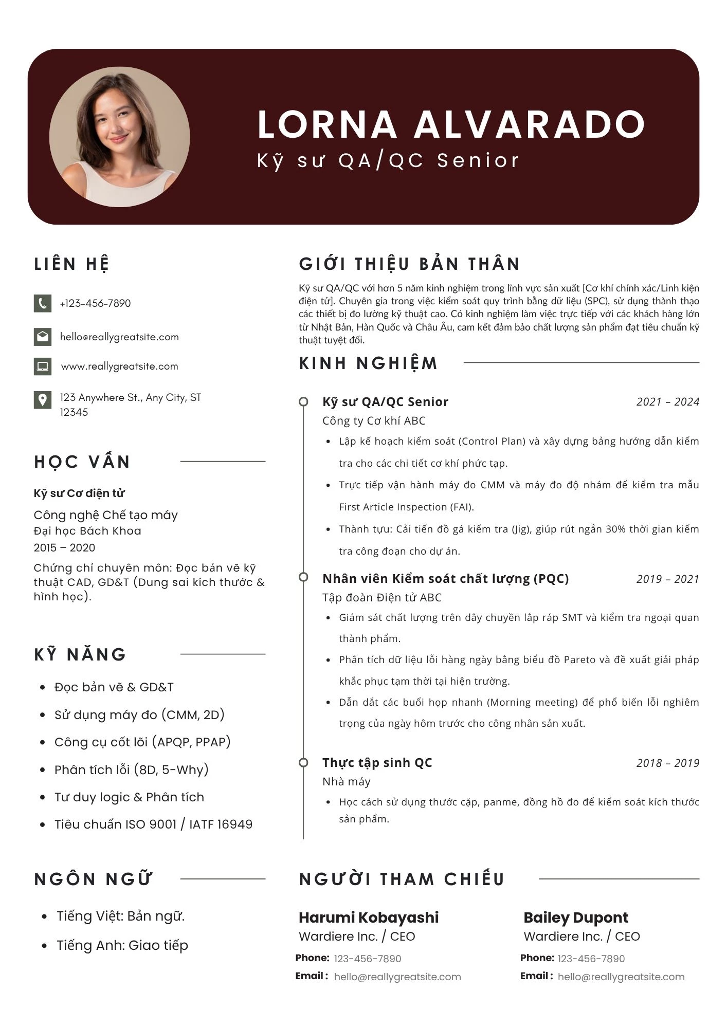 Mẫu CV QA/QC ngành sản xuất, điện tử, cơ khí