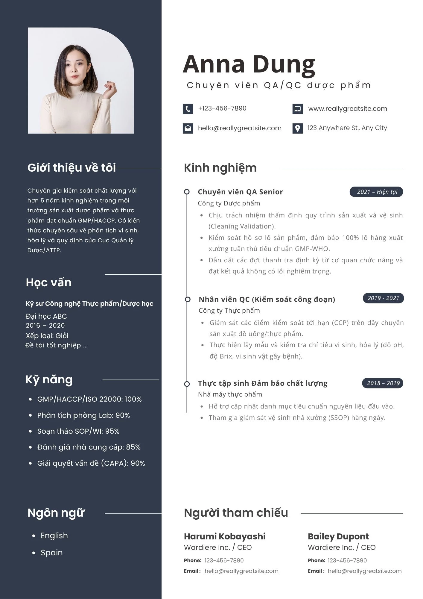 Mẫu CV QA/QC ngành thực phẩm và dược phẩm