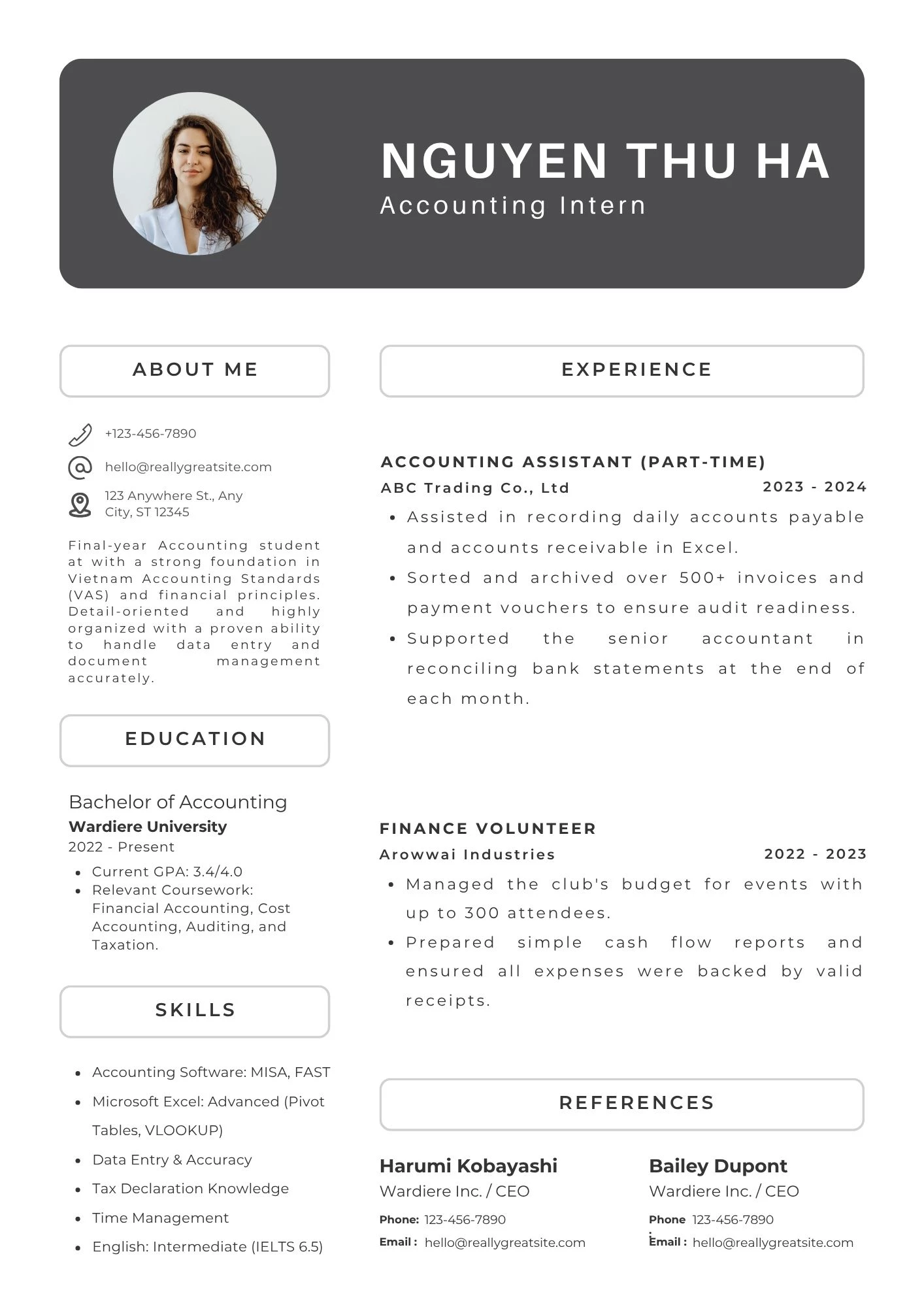 Mẫu CV thực tập sinh kế toán tiếng Anh