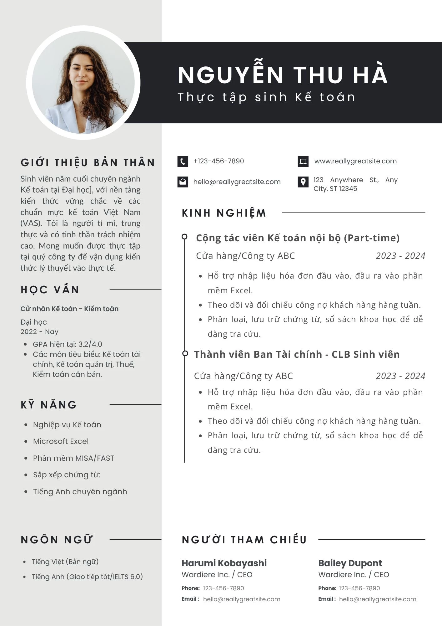 Mẫu CV thực tập sinh kế toán tiếng Việt