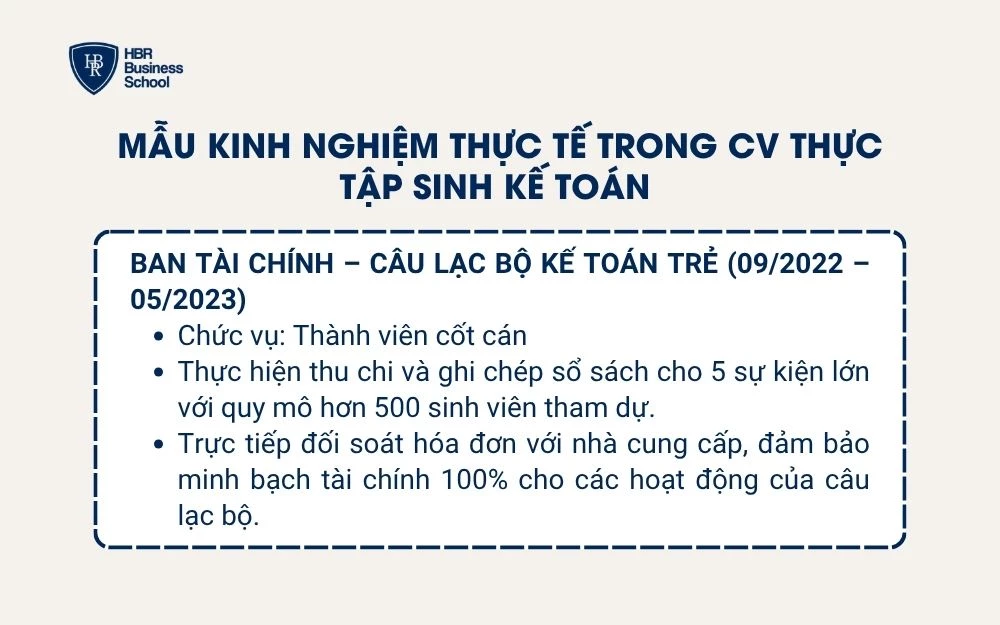 Mẫu kinh nghiệm thực tế & hoạt động ngoại khóa trong CV thực tập sinh kế toán
