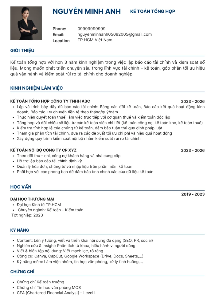 Mẫu CV Kế toán trưởng phong cách tối giản và hiện đại