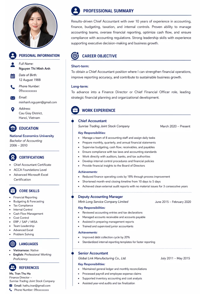 Mẫu CV Kế toán trưởng tiếng Anh