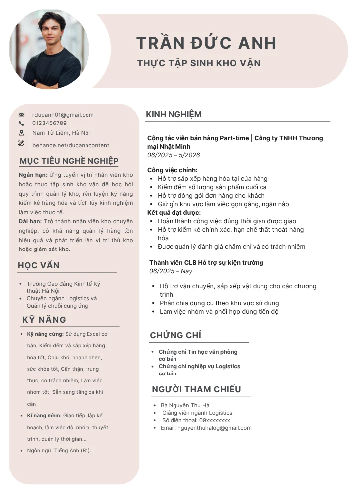 Mẫu CV nhân viên kho chưa có kinh nghiệm/Thực tập