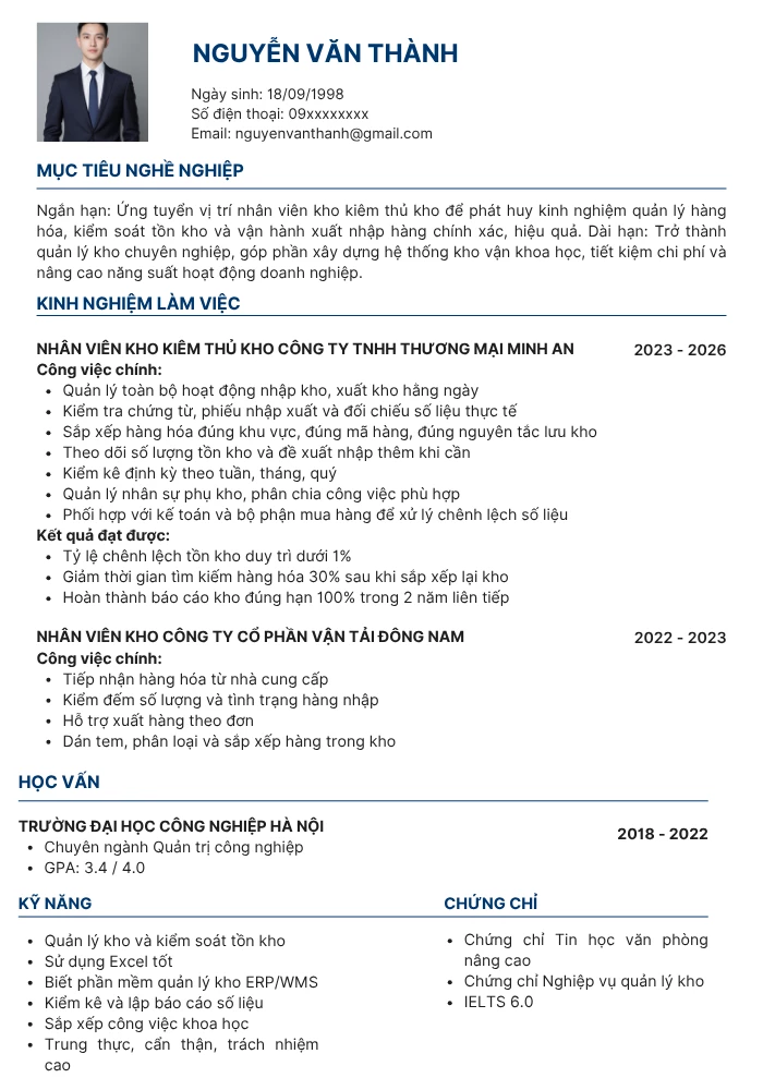 Mẫu CV nhân viên kho cơ bản