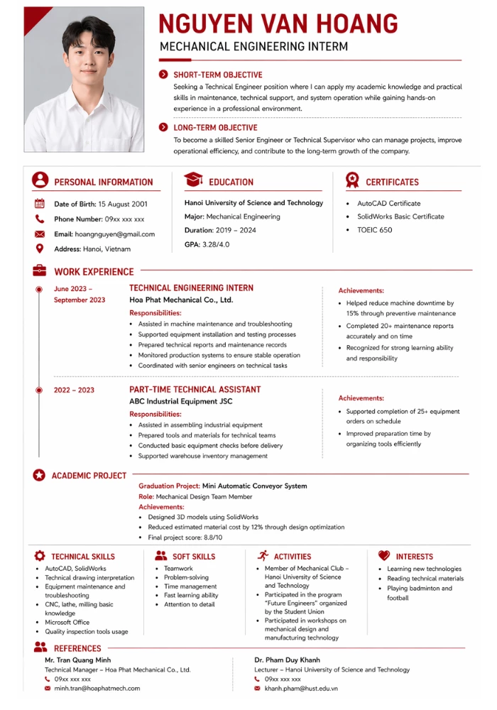 Mẫu CV xin việc kỹ thuật tiếng Anh