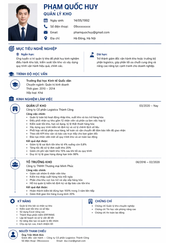 Mẫu CV xin việc quản lý kho