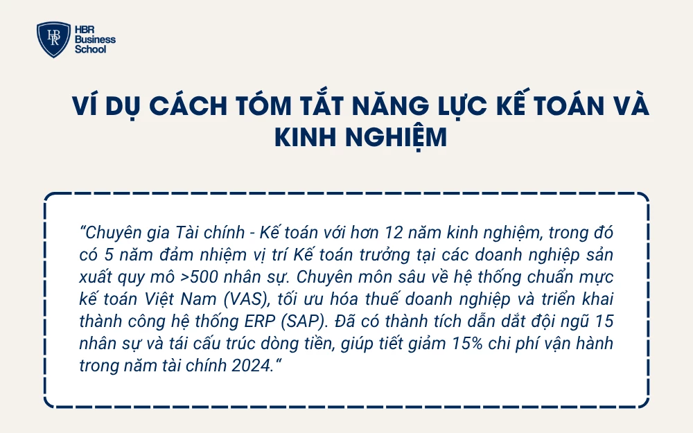 Ví dụ các tóm tắt năng lực kế toán và kinh nghiệm trong CV kế toán trưởng
