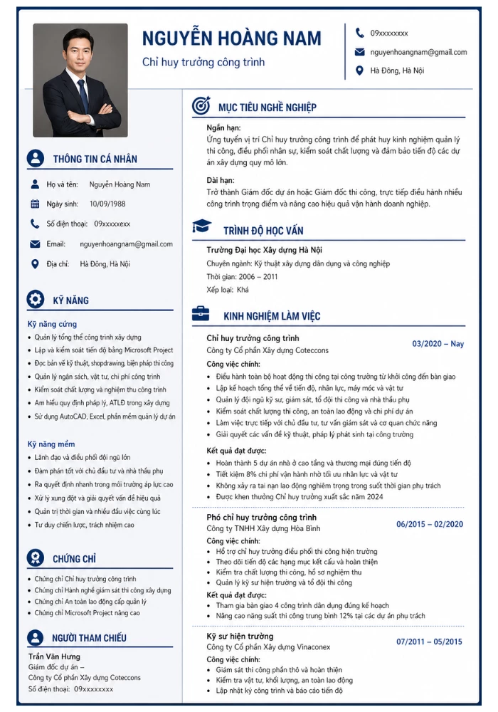 Mẫu CV chỉ huy trưởng công trình