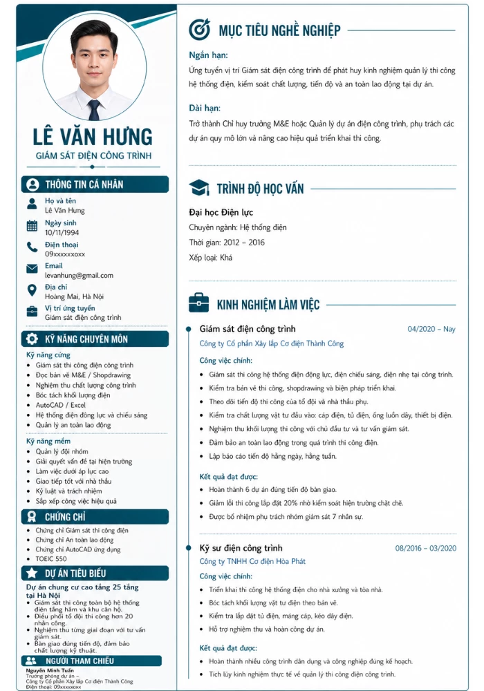 Mẫu CV giám sát điện công trình