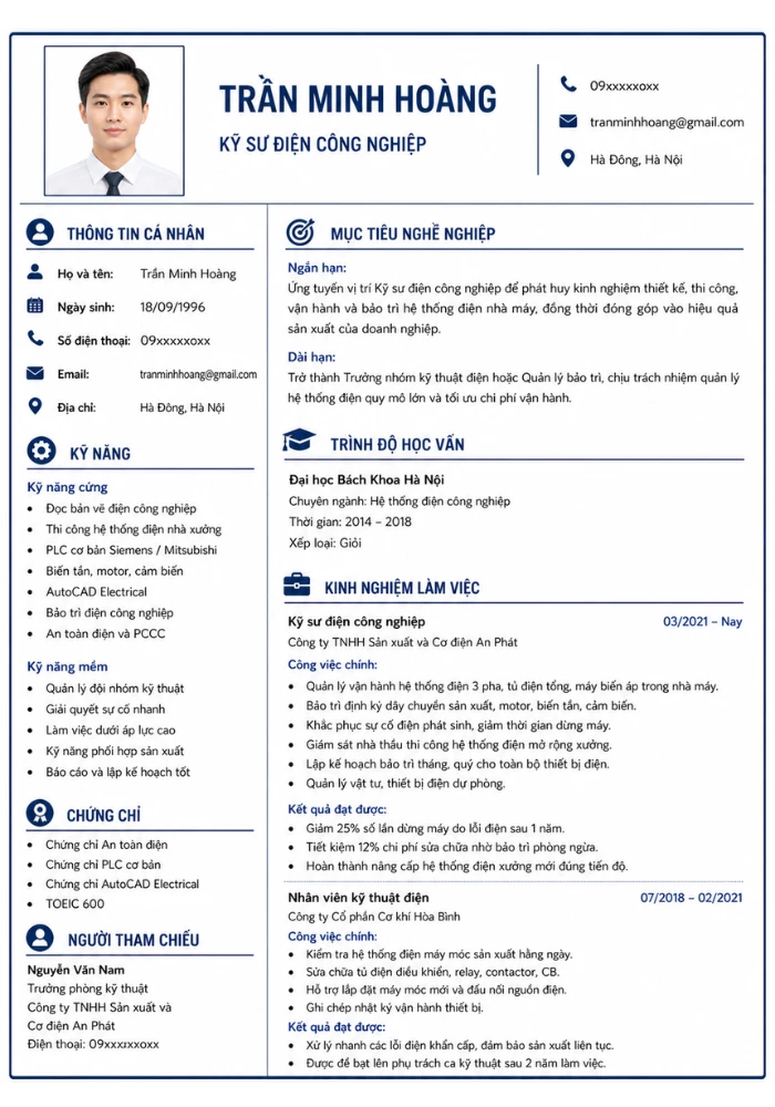 Mẫu CV kỹ sư điện công nghiệp có kinh nghiệm