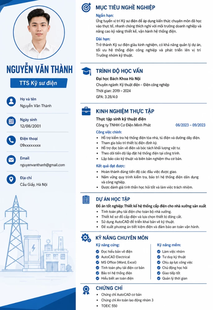 Mẫu CV thực tập sinh kỹ sư điện