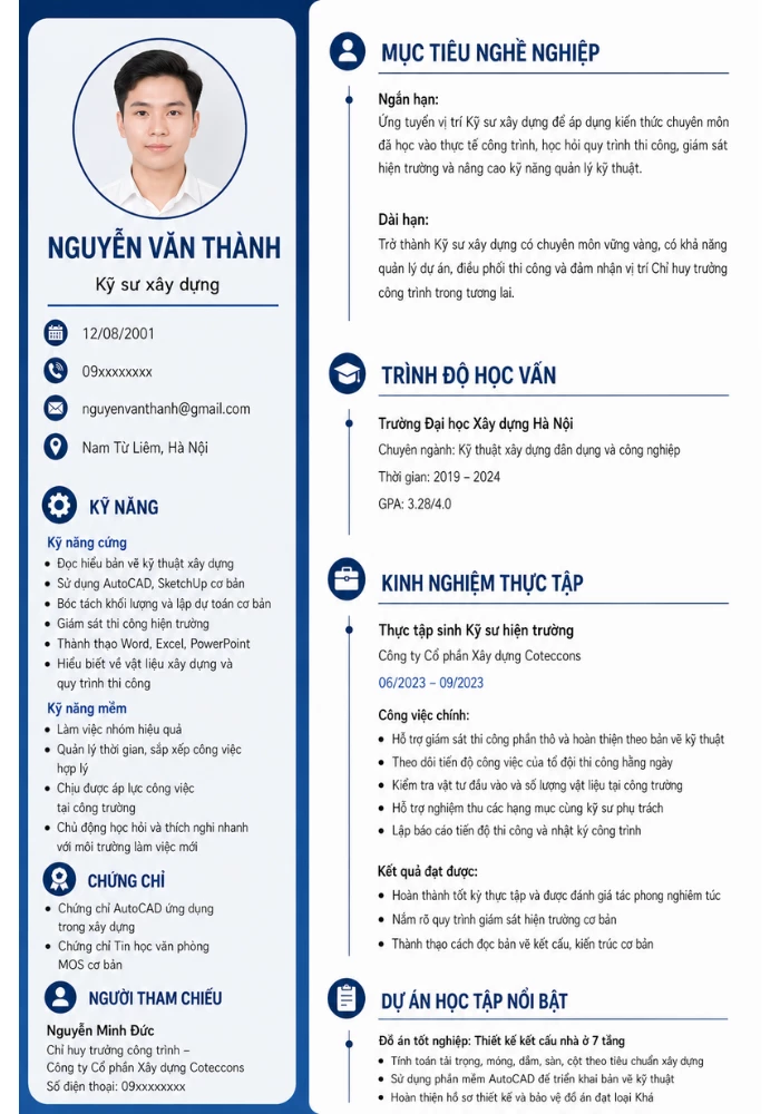 Mẫu CV kỹ sư xây dựng mới ra trường