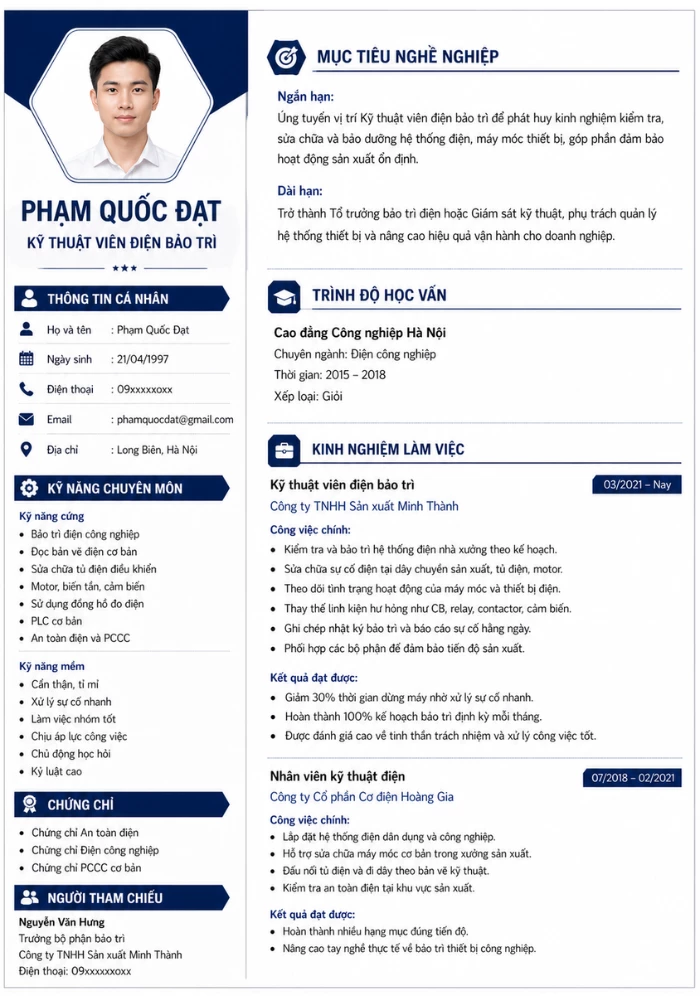 Mẫu CV kỹ thuật viên điện bảo trì