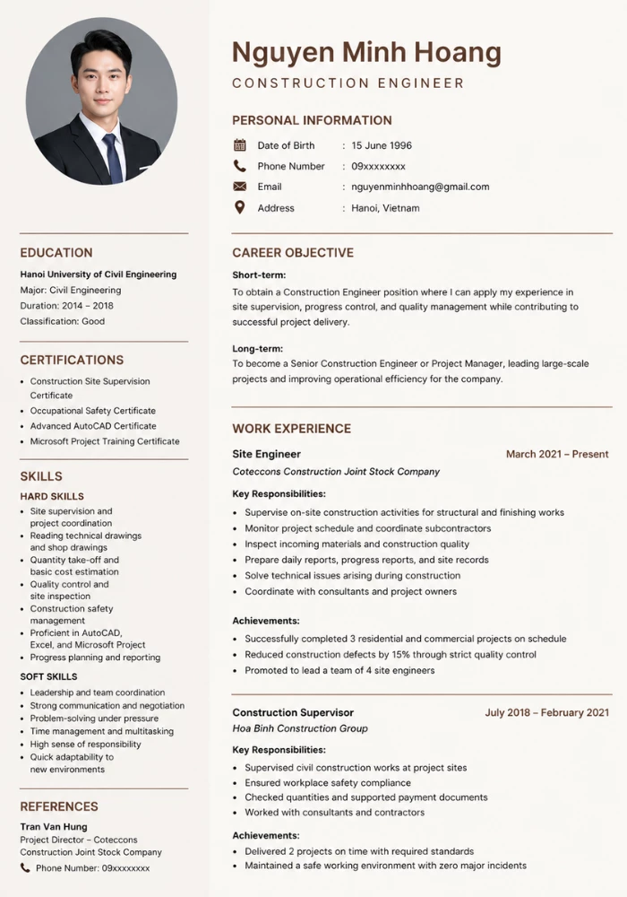 Mẫu CV ngành xây dựng bằng tiếng Anh