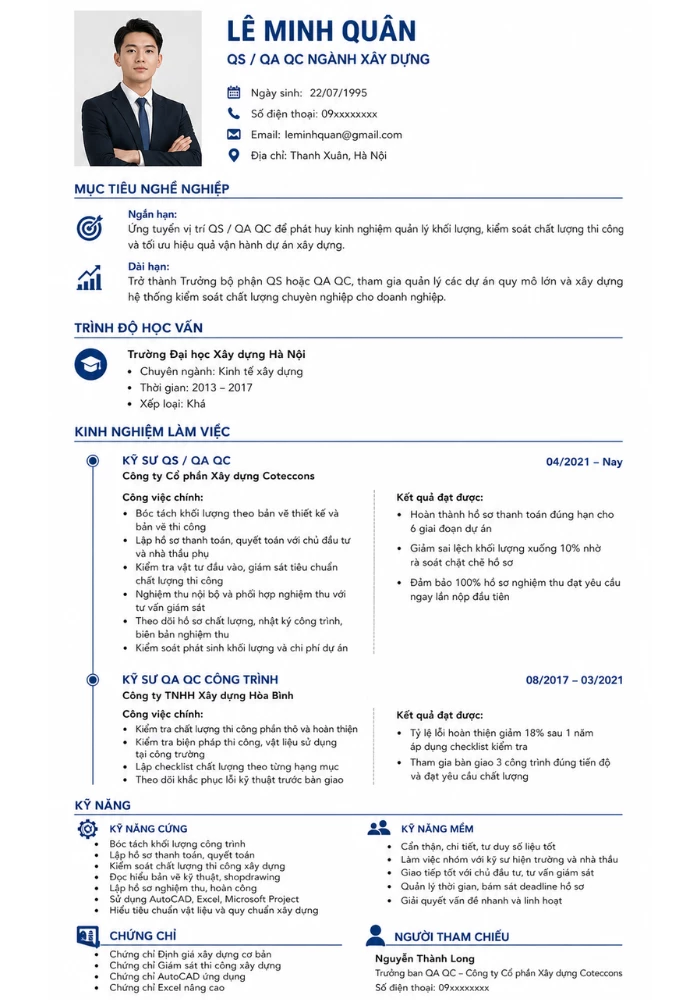 Mẫu CV QS/QA QC ngành xây dựng