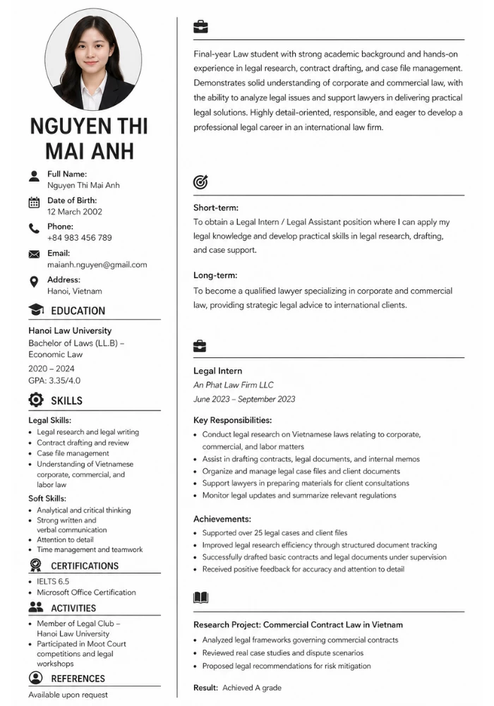 Mẫu CV Tiếng Anh ứng tuyển công ty luật nước ngoài