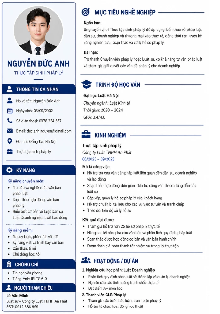 Mẫu CV ứng tuyển thực tập sinh pháp lý