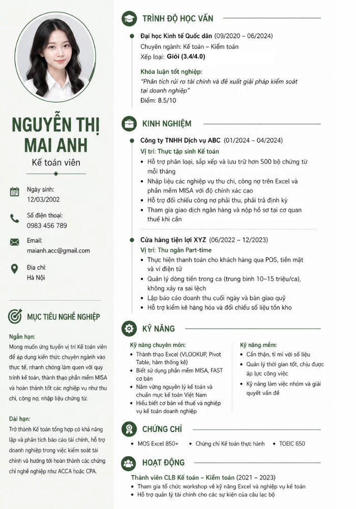 Mẫu CV xin việc kế toán mới ra trường