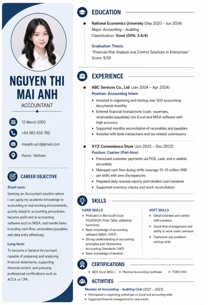 Mẫu CV xin việc kế toán mới ra trường bằng tiếng Anh