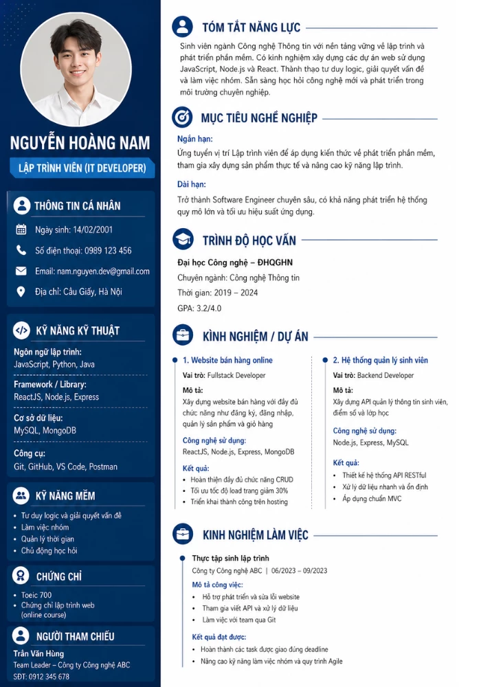Mẫu CV ATS ngành IT / Lập trình