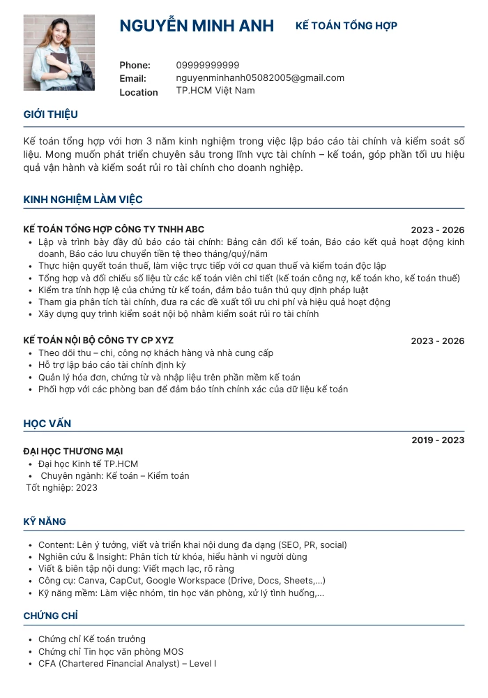 Mẫu CV ATS ngành Kế toán / Tài chính