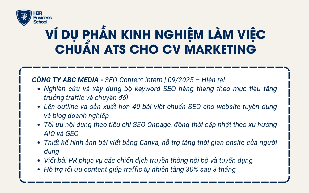 Ví dụ phần Kinh nghiệm làm việc cho CV Marketing