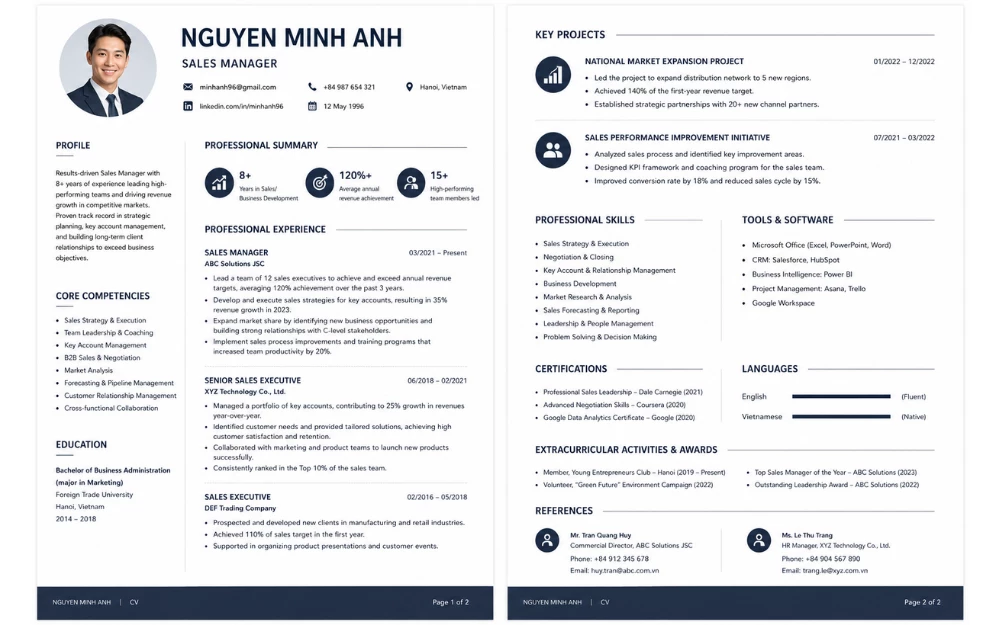 Mẫu CV 2 trang bằng tiếng Anh