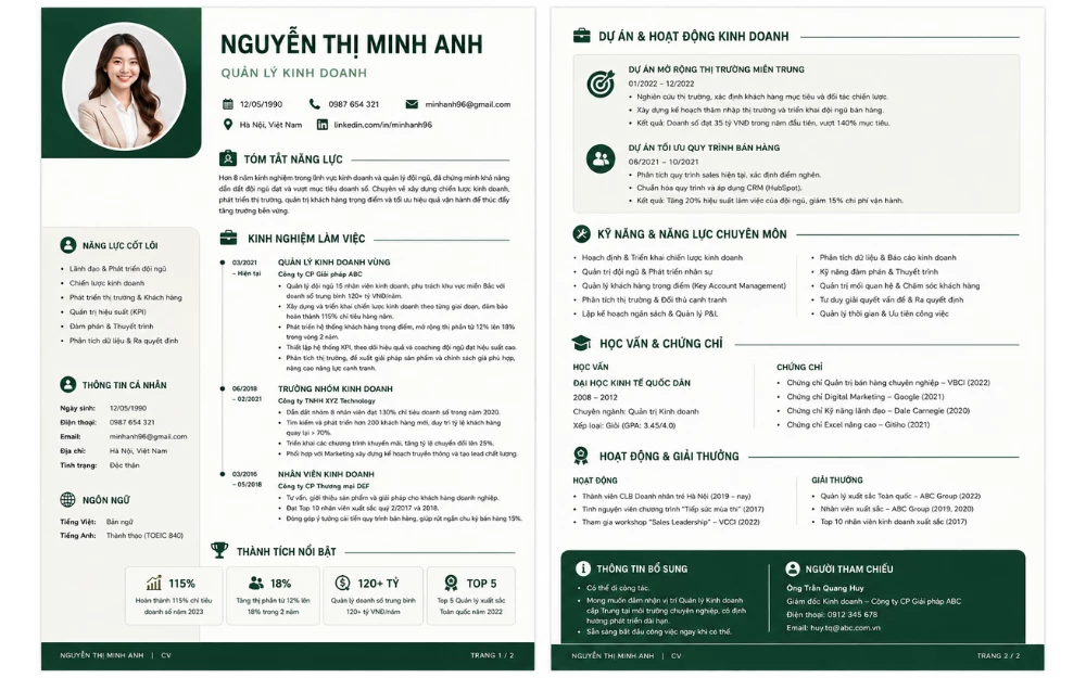 Mẫu CV 2 trang cho quản lý cấp trung